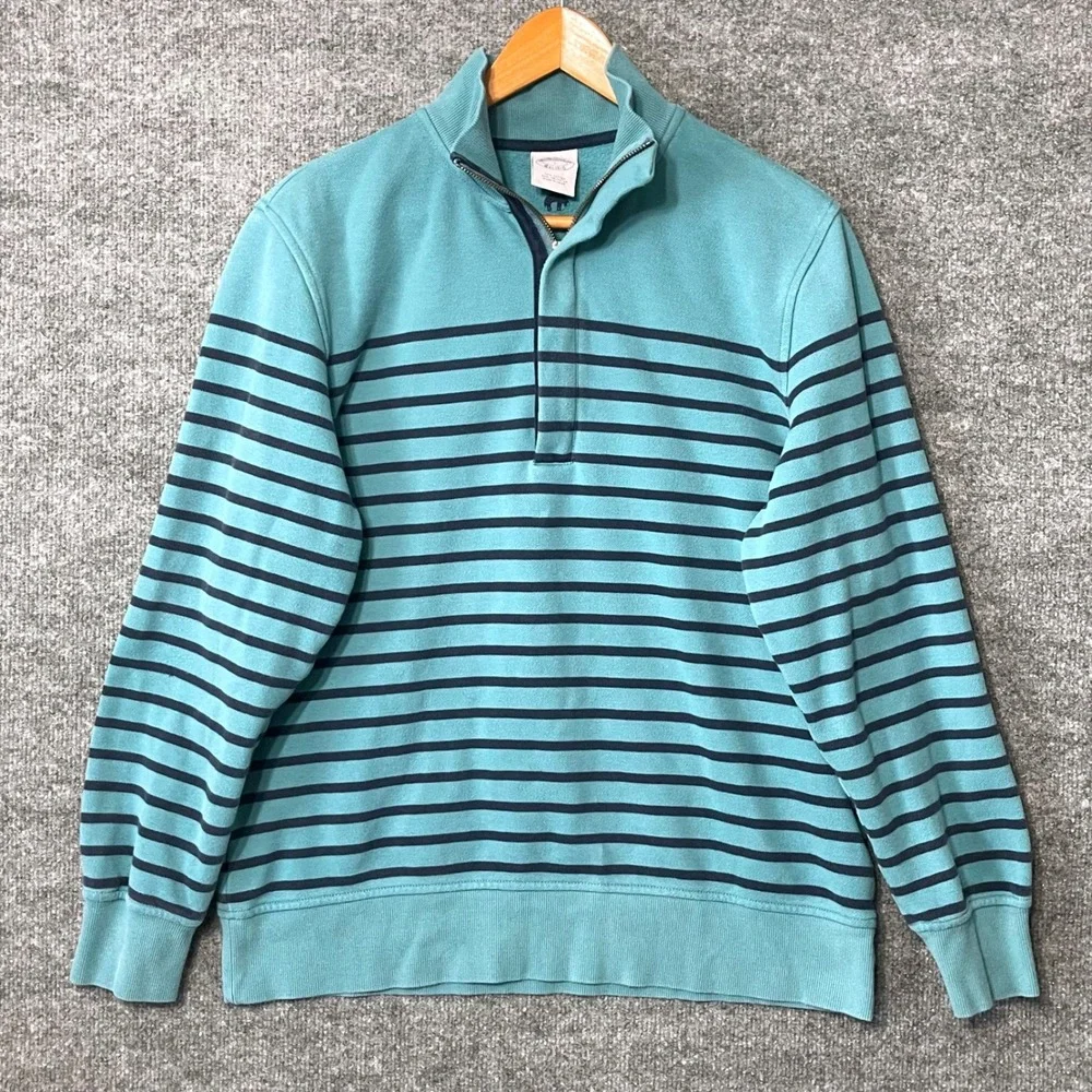 Brooks Brothers Mens Large Teal Navy Striped Quarter Zip Pique Pullover Sweater